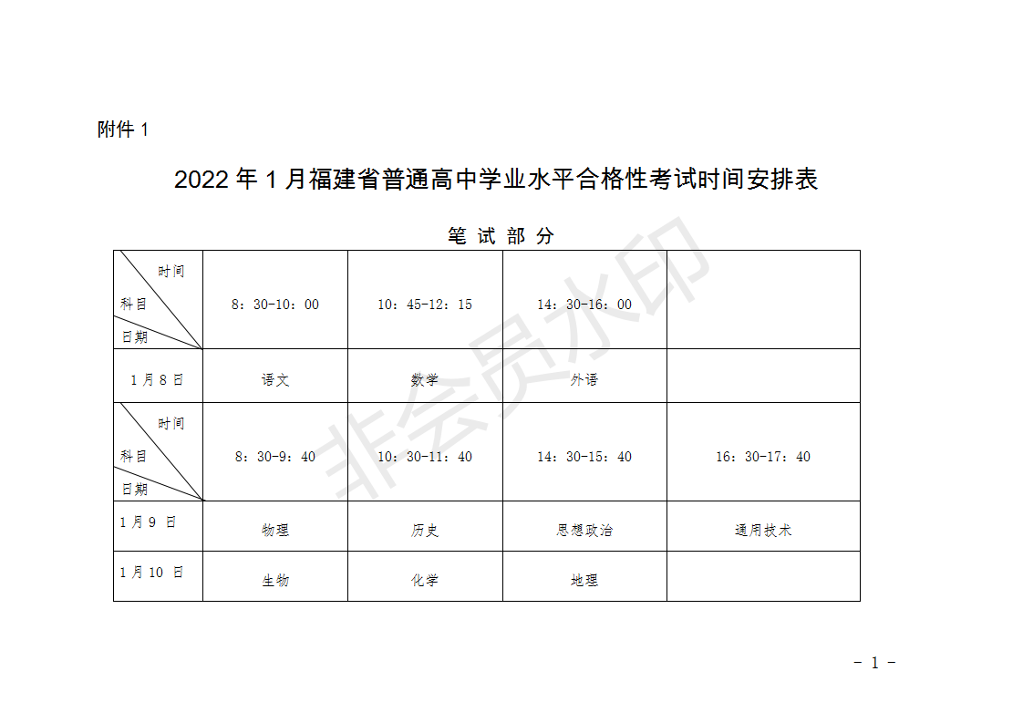 2022年1月福建省普通高中学业水平合格性考试时间安排表