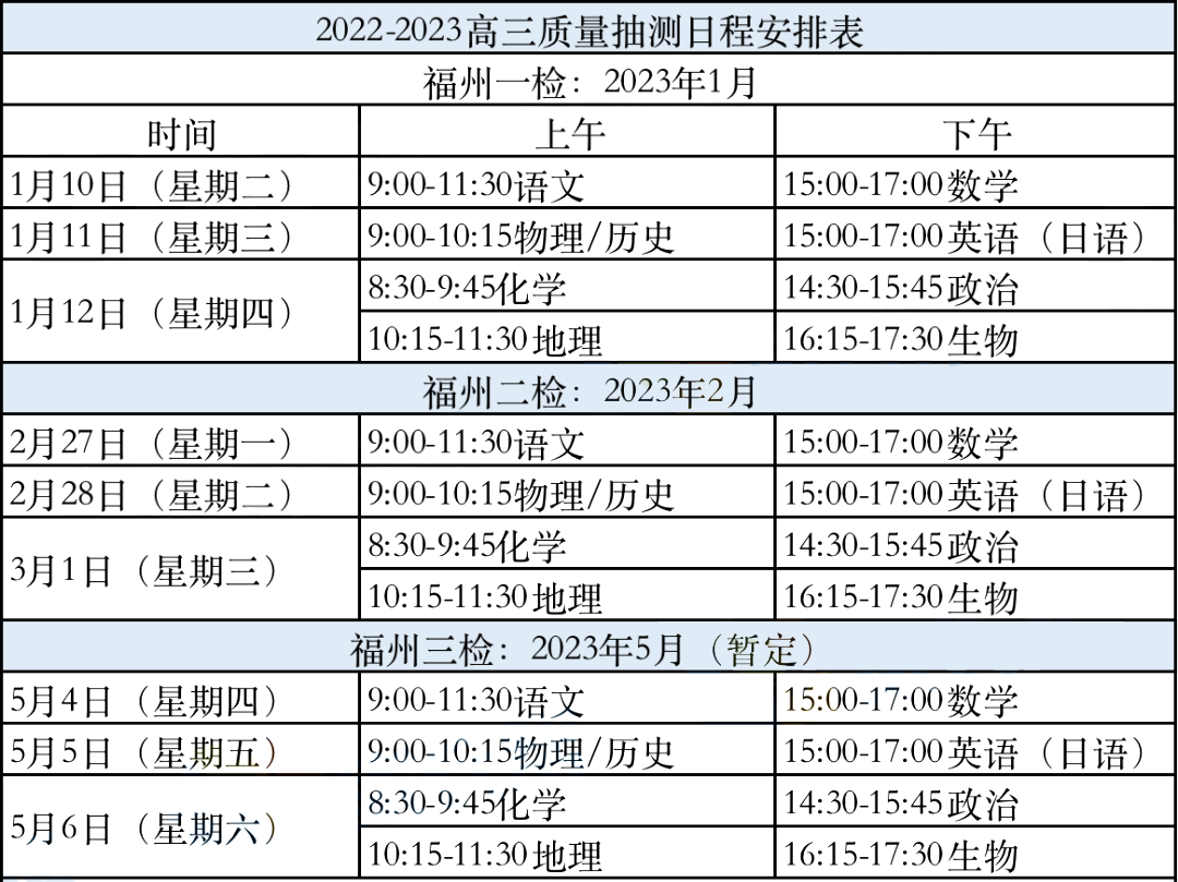 2022-2023年福州高中质检时间敲定！