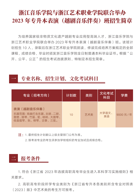 浙江音乐学院与浙江艺术职业学院联合举办2023年专升本表演（越剧音乐伴奏）班招生计划